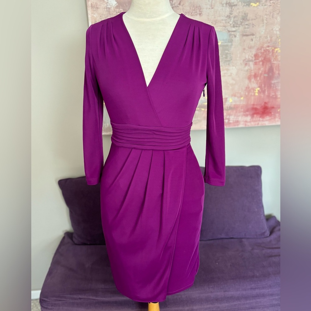 BCBGMaxAzria Magenta Bodycon V-Neck Mid Length 3/4 Sleeve Dress‎ XS